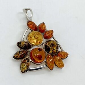 Vtg Sterling Silver Multicolour Baltic Amber Geometric Triangle Pendant | 1.5”